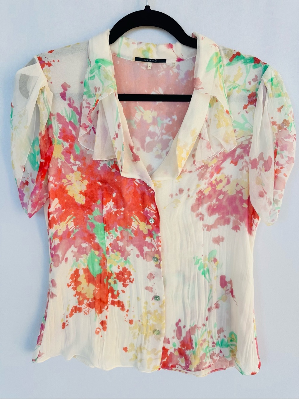 Elie Tahari Pastel Floral Silk Button Blouse